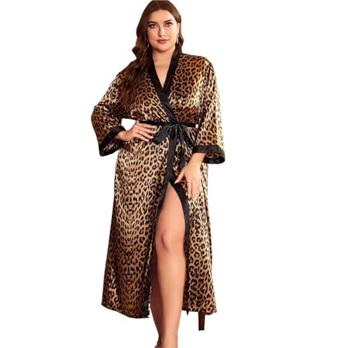 Image of ZUGLQYSX Plus Size 3Xl 4Xl 5Xl Robe Lady Long Satin Kimono Bathrobe Gown Print Sexy Homewear Loose Sleepwear Nightgown Summer Robes for Party(Brown Leopard,4XL)