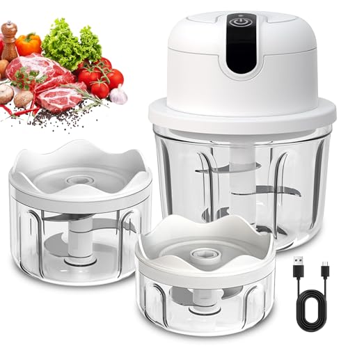 Mini Hachoir Electrique Rechargeable USB 350 ml - Trois Tasses, Coupe-légumes Sans Fil pour Ail, Fruits, Viande, Légumes
