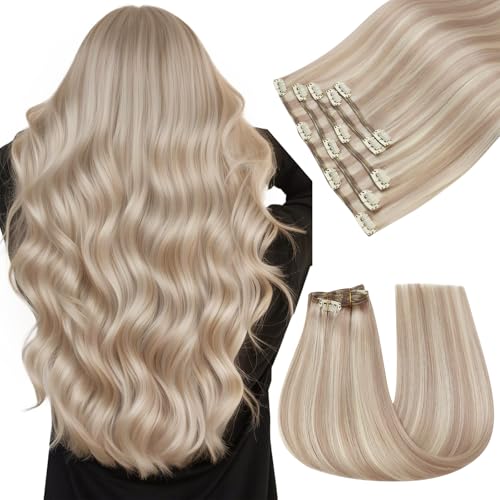 Image of Easyouth Clip in Human Hair Extensions Blonde Highlight, Human Hair Clip in Extensions for Beginners, Ash Blonde Highlights Bleach Blonde, Invisible Clip on Hair Extension for Women, 14 Inch 5pcs 85g