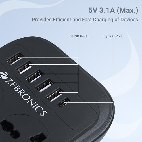 Image of ZEBRONICS Power BAR 282,Extension Board /Strip,2500 Watts,10 Amps,1x Type C Port(15.5W),8X Universal Socket,4+1 USB Port(15.5W),On /Off Switch,Overload Protection,Wall Mountable,2 Meter,Grey