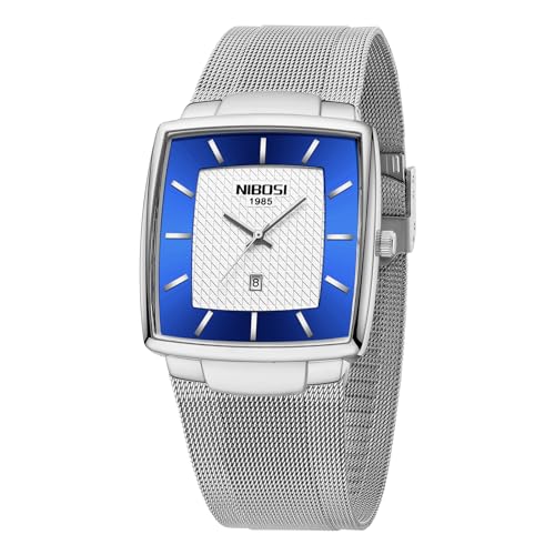 NIBOSI Men Watches Business Square Military Waterproof Sport Analog Quartz Wrist Watch for Men with Stainless Steel Mesh Strap Date Calendar B03-Silver Blue