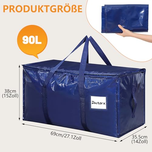 Dntorx 4 Stück 90L Große Aufbewahrungstasche mit Deckel, Faltbare Umzugskartons Groß mit Reißverschluss Griff Kleideraufbewahrung Umzugstaschen für Umzug Camping Bettwäsche Kleidung Aufbewahrung, Blau