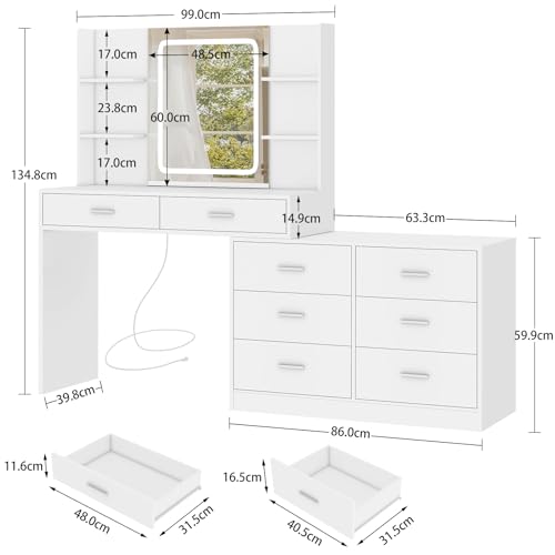 TEENFON Tocador de Maquillaje con Espejo con luz LED y Toma de Corriente, 8 Cajones, 6 Estantes de Almacenamiento, 3 Modos de Color y Brillo Ajustable, Tocador de Esquina, Blanco - imagen 6