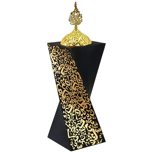Calolin resin bakhoor burner, 8.7 in tall in black and gold — the rotating shape that doubles as a room ornament