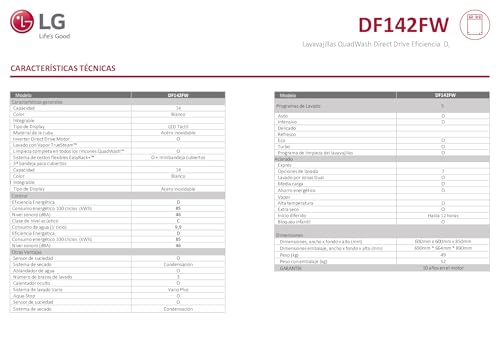 Miniatura 16 de Lg Df142fw - Lavavajillas Con Función Quadwashtm, Sistema Easyrack, Led Táctil, Eficiencia D, Blanco