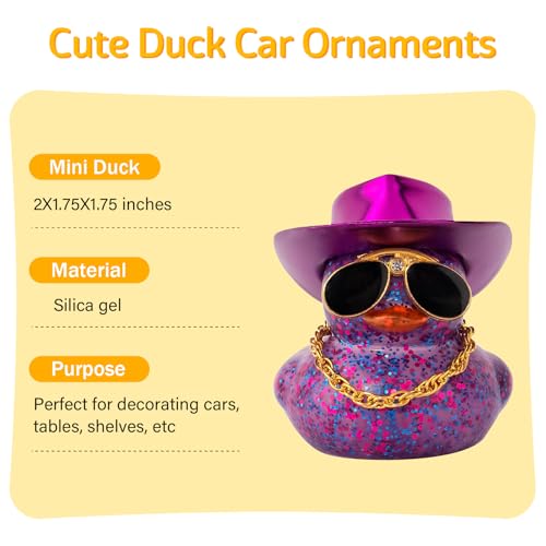 wonuu Car Rubber Duck, Dashboard Decorations Colorful Laser Cowboy Hat Ducky for Car Ornament Accessories Ducks with Hat, Necklace, Diamond Glasses (Blink Dark Purple)