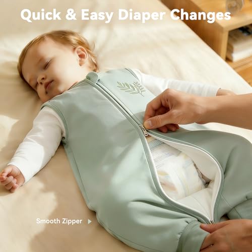 Image of Chilsuessy Toddler Sleep Sack with Feet 3-4 T, 0.5 TOG Cotton Baby Wearable Blanket with Legs, 3 Pack Sleep Bag Walker with 2-Way Zipper, Green Plant