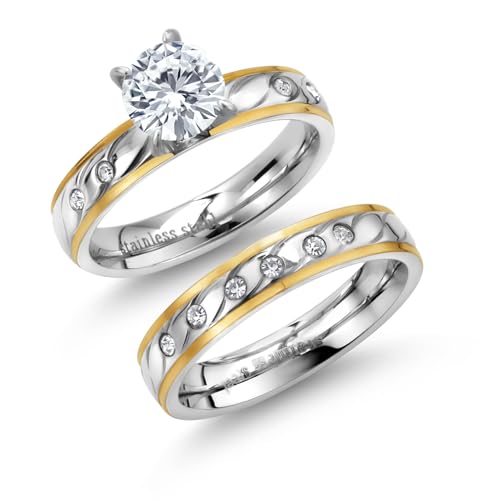 Gem Stone King 2.30 Cttw Two Tones Cubic Zirconia CZ 2 Piece Engagement Wedding Ring and Band Set for Women | Center 7MM | Band Width 1.25MM | Available In Size 6, 7, 8, 9