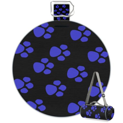 Shimoshe Blue Black Purple Paw Print Picnic Outdoor Blanket Foldable Waterproof Sandproof Beach Blanket Portable Water-Resistant Round Picnic Mat for Travel Camping Park Lawn