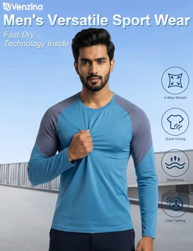 Image of Venzina Men's Long Sleeve Workout Shirt Color Block Quick Dry Athletic Top, Moisture Wicking Fitness & Running Shirt, Breathable Sportswear Tee for Gym, Sports, Casual Wear