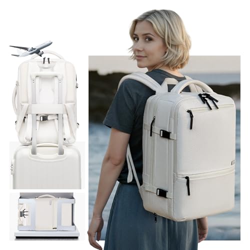 Dinictis Vacuum Seal Travel Backpack 60L Built-in Pump, Expandable Backpack with Vacuum Compression fits 17 inch Laptop, Waterproof Carry On Suitcase Luggage suit for Short Trip and Business-Beige - Thumbnail 7