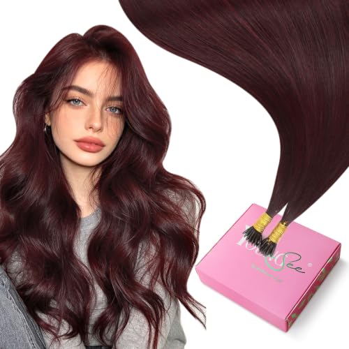 Image of YoungSee Nano Ring Hair Extensions Human Hair Burgundy Nano Bead Hair Extensions Human Hair Wine Red Nanoring Extension 22 Inch for Colored DIY Silky Straight 25 Strands 25g