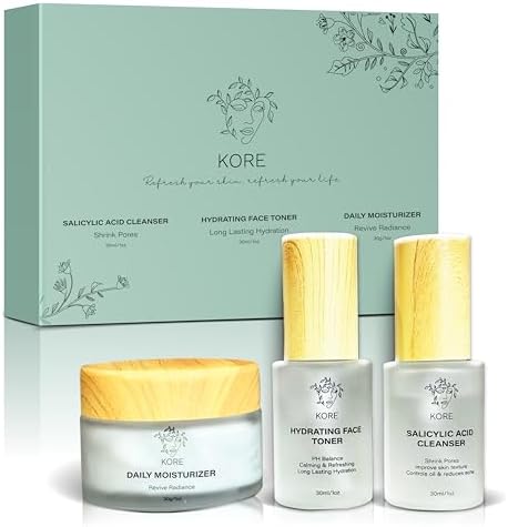 Kore Korean Skin Care Set – 3-Piece Skincare Kit with Salicylic Acid Cleanser, Hydrating Toner & Daily Moisturizer – Best Korean Skincare Products for Glass Skin – Vegan & PH Balancing Skin Care Routine Kit for Women