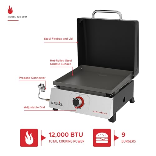 Nexgrill Daytona 1-Burner Portable Gas Griddle with Built-In Lid, 12,000 BTUs, 271 SQ In Cooking Space, Small Tabletop Propane Griddle for Outdoor Cooking, Camping, BBQs, and Parties - 820-0081
