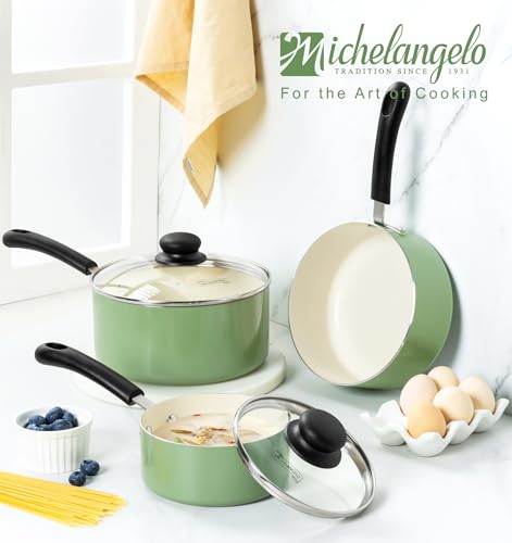 MICHELANGELO Nonstick Sauce Pan with Lid, Ceramic Saucepan Set, Non Toxic Small Saucepans Sets with Stay-Cool Handle, Induction Pots For Cooking, PTFE & PFOA Free - 1Qt & 2Qt & 3Qt, Green