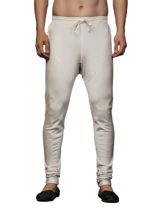 Men's Churidar, Off White Solid Cotton Blend
