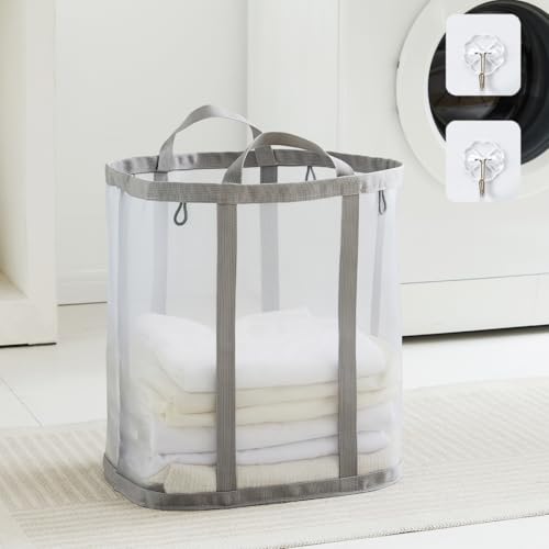 TECHMILLY ランドリーバッグ 折りたたみ 大容量 洗濯カゴ 自立式 軽量 ランドリーバスケット 通気性のよい メッシュ 洗濯バッグ 取っ手付き 粘着フック付き 壁掛け 洗濯物入れ 収納 バッグ ぬいぐるみ収納 旅行 家庭用 キャンプ 長さ40CM幅さ26CM高さ44CM (グレー、1PCS)