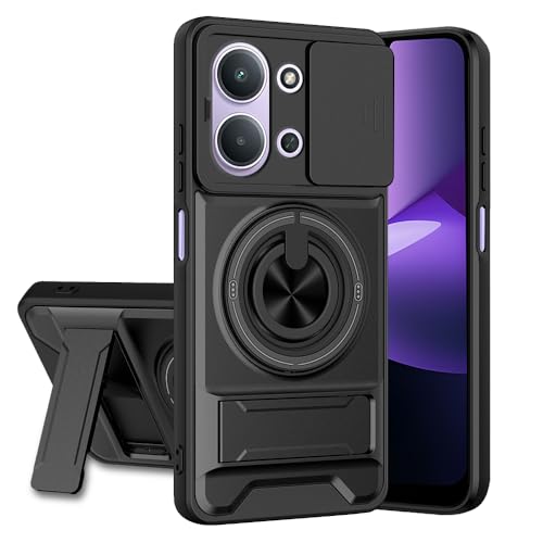 Image of Redmi 15C 5G Back Cover | Armor Camera Slider 360 Degree Rotating Finger Ring Holder Case with Bracket Stand Back Case Cover (Compatible with MagSafe Accessories) (Black)