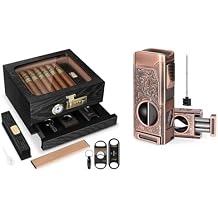 Tesonway Cigar Humidor and Cigar Torch Lighter, Cedar Wood Humidor Cigar Box, 4 Jet Flame Cigar Lighter with V Cut, Butane Not Included, Windproof Refillable Butane Lighter, Cigar Gifts for Men