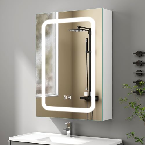 S'bagno Armario Espejo Baño con Luz 70x50 cm, Armario de Baño con Espejo y LED, Antivaho 3 Colores y Estantes Ajustable, IP44 Armario Baño con Espejo y Tomas, Vidrio Reforzado, Memoria, Blanco