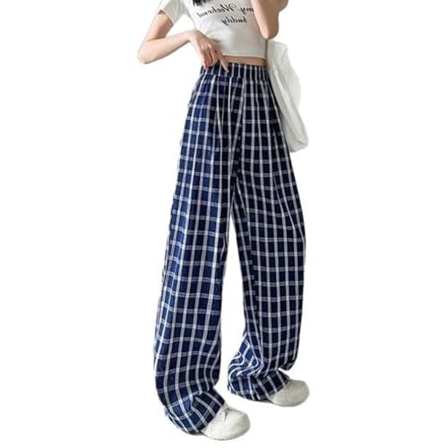 Navy Plaid Wide-Leg Pants for Women - Thin Lightweight High-Waist Straight Trousers, Lazy Chic & Drapey