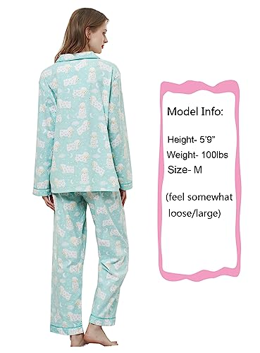 CHUNG Women Flannel Pajamas Set Long Sleeve Button Down Tops Pants S-XL Sleepwear Loungewear Cozy Warm Winter (Large, Sheep)