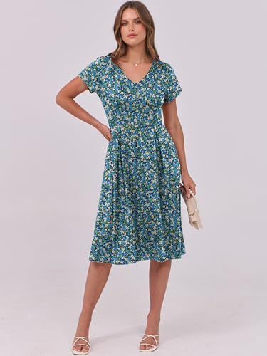 Image of ANRABESS Women Summer Dress Casual Short Sleeve V Neck A-Line Knee Length Pleated Flowy 2026 Fashion Midi Dresses with Pocket