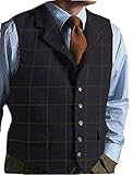 Mens Casual Plaid Suit Vest Tweed Slim Fit Waistcoat for Wedding Groomsmen(Dark Navy,XXXL)