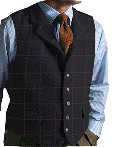 Mens Casual Plaid Suit Vest Tweed Slim Fit Waistcoat For Wedding Groomsmen(Dark Navy,Xxxl) #TOP24