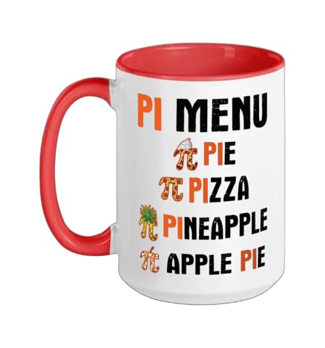 Pi Menu Pie Pizza Pineapple Apple Pie Funny Math Food Ceramic Mug, Red/White, 15oz