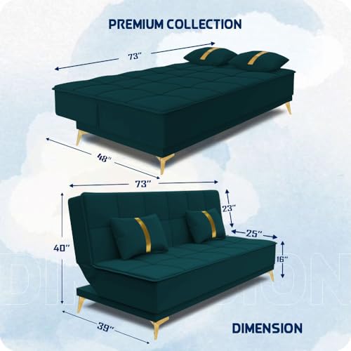 Image of Adorn India Premium New Alyssum 3 Seater Sofa Cum Bed 4X6 Velvet Suede with 2 Cushions (Color Ocean Blue) and Suitable for All Indoor, with 3 Years Warranty