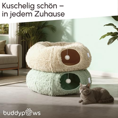 3-in-1 Katzentunnel mit Katzenbett & Kratzflächen | Flexibel nutzbarer Premium Katzentunnel aus weichem Plüsch als Katzenhöhle, Katzenkorb & Katzenspielzeug | Waschbar | Mit Sisal Kratzmatte | Salbei