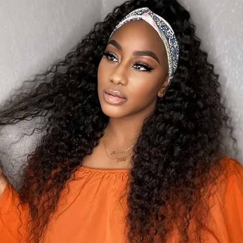 Image of Kinky Curly Headband Wig Human Hair 26 Inch Natural Wigs for Black Women | Glueless None Lace Front Wig, Brazilian Virgin Hair, 200% Density, Machine Made Curly Headband Wig, Wear and Go