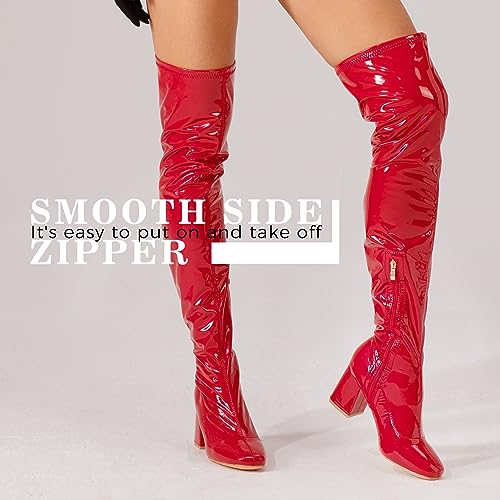 syztsho Women's Thigh High Boots Patent Leather Red Over The Knee Boot for Women Square Toe Side Zipper Leather Chunky Heel GOGO Boots Size 6 angle 5