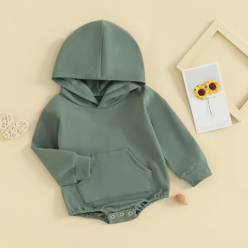 Covvoliy Newborn Baby Boy Girl Hooded Romper Long Sleeve Front Pocket Solid Color Hoodie Onesie Fall Winter Outfit (Green, 3-6 Months)