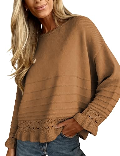Yeokou Womens Pullover Sweater Round Neck Ruffled Hem Knit Crochet
