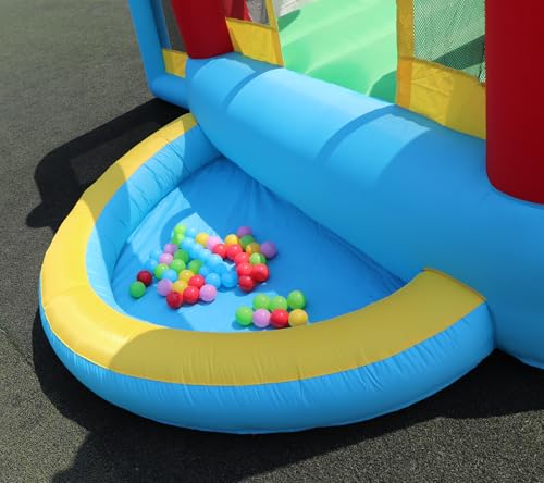 WELLFUNTIME Inflatable Bounce House with Slide, Jumping Castle with Blower and Wave Pool, Basketball Rim, Football Goal