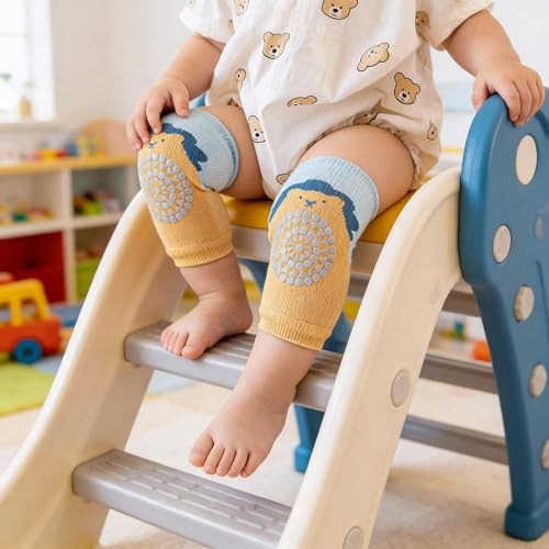 FZSECRIU 3 Paar Knieschoner Baby und 3 Paar Krabbelsocken Geeignet für 0-1 Jahre, Krabbelsocken Baby, Rutschfeste Knieschoner und Socken für Babys mit Gummipunkten, Krabbel Knieschoner, Krabbelhilfe