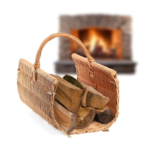 KADAX Panier de transport en bois, panier à bûches de cheminée, en osier, décoratif, avec poignée de transport, couleur naturelle pour bois, 40 x 50 x 35 cm