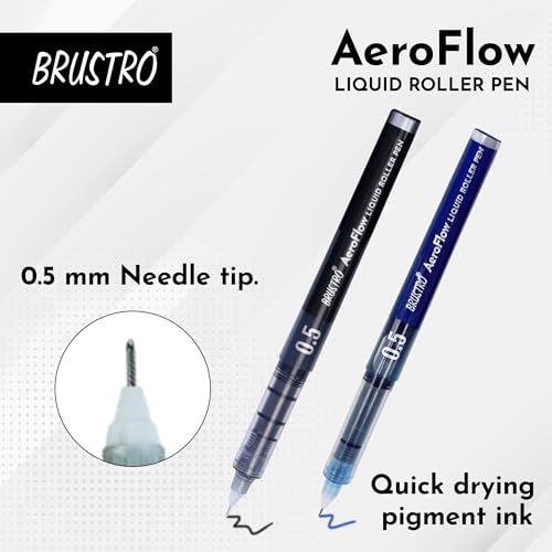 Image of BRUSTRO AeroFlow Liquid Ink Rollerball Pens | Black | 0.5mm, Micro Tip | Pack of 6 | Ideal for Students, Professionals, Office, Exam use, Accurate Smooth Writing, Waterproof, Fade Resistant
