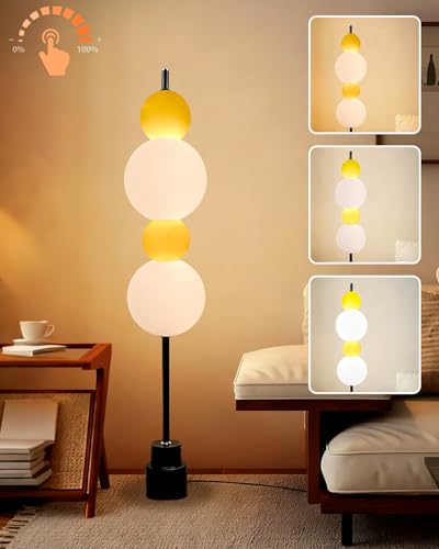 Image of Yellow Globe Floor Lamp - Metal, Gold - 3 CCT (3000K /4000K /5000K) Dimmable LED, Touch Switch, Modern Tall Standing Lamp for Bedroom, Living Room, Home Office