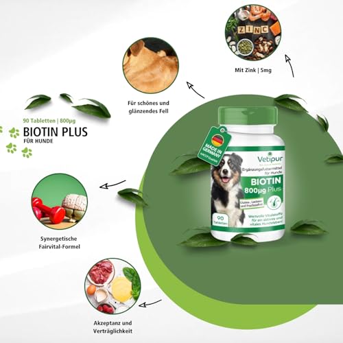 Fairvital | Vetipur Biotin Tabletten für Hunde - 90 Tabletten - Biotin Komplex 800µg - mit Kupfer, Zink und andere B-Vitamine - Futterergänzung für Hunde