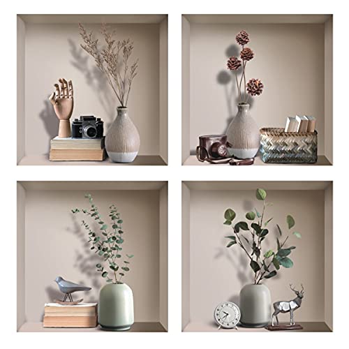 Iarttop 3D Vases Wall Decal, Elegant Floral Vases Wall Sticker, Green Plants Flowers Decals For Dining Room Bedroom Decor, Creative Diy Botanical Living Room Wall Art Mural Decoration, Set Of 4 (12”X12”) #TOP24