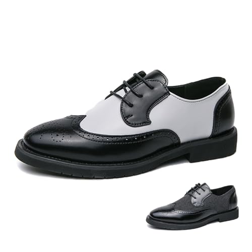 Men's Patchwork Two Tone Lace up Wingtip Dress Oxfords Fashion Pointed Toe Comfortable Non Slip Brogue Derby Shoes Office Business Prom Formal Shoes
