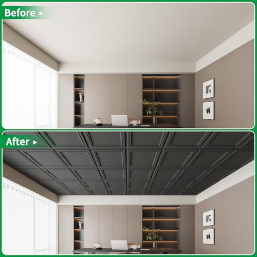 Art3d 12 Pack PVC Ceiling Tiles 24x24 Inches Waterproof Drop Ceiling Tiles/Wall Panels for Interior Wall Decor, Covers 48 Sq.,ft, Matte Black - Thumbnail 4