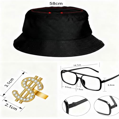 Gejoy Hip Hop Costume Kit 80s 90s Rapper Accessories Outfit for Men Women Sunglass Hat Chain Ring Halloween Party Decoration(Black)