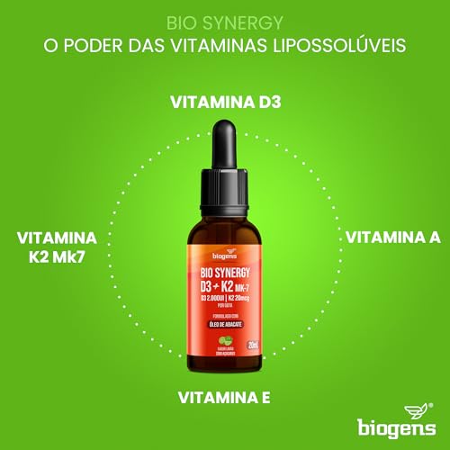 Bio Synergy, D3 2000ui + K2 Mk7 20mcg, vitamina A, D E e K, Sublingual, Sabor Limão, 20mL, Biogens