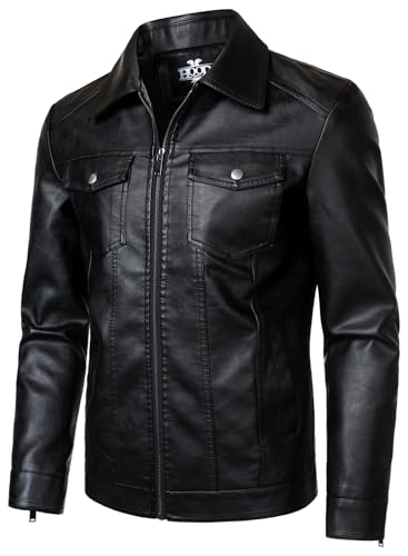 HOOD CREW Mens Leather Jacket Motorcycle Biker Jackets Casual Lightweight Faux Leather Outwear Black XL