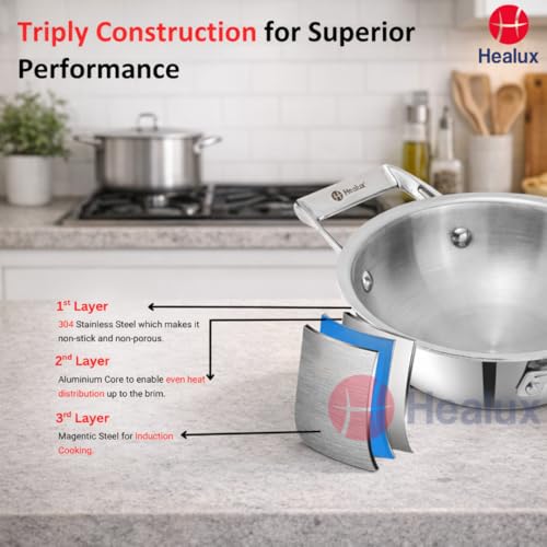 Healux Triply 22cm Maxi Wok with Glass Lid – 2.5L | Indian Kadai | Induction Friendly, Oven and Dishwasher Safe | 5 Years Guarantee – Silver | 304... - Image 4