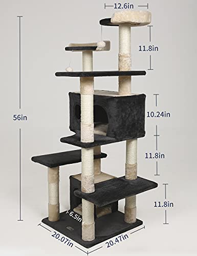 Hyabi 56 Inch Cat Tree Cat Tower, Sisal Cat Grab Post, Kitten Game House Kitten Activity Center (Black) #TOP2